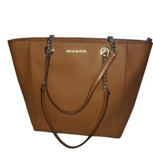 Michael Kors Jet Set Chain Multifunction Top Handle Brown Leather Tote Bag